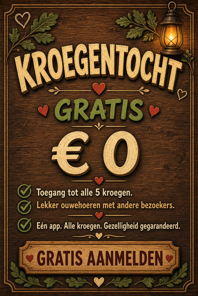 Kroegentocht — Gratis, € 0. Toegang tot alle 5 kroegen. Lekker ouwehoeren met andere bezoekers. Eén app. Alle kroegen. Gezelligheid gegarandeerd.