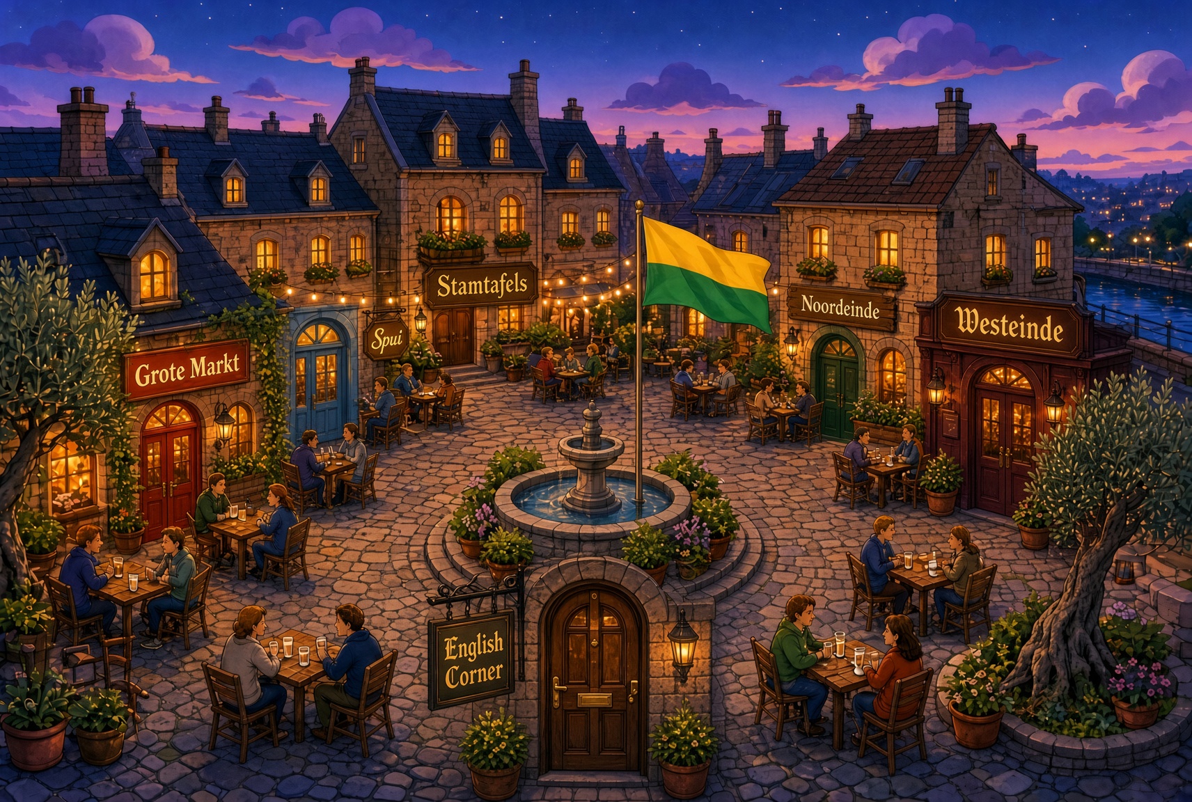 Het Plein bij avond met een fontein, terrasjes en de vijf verlichte kroegen en De Stamtafels van PUB070.