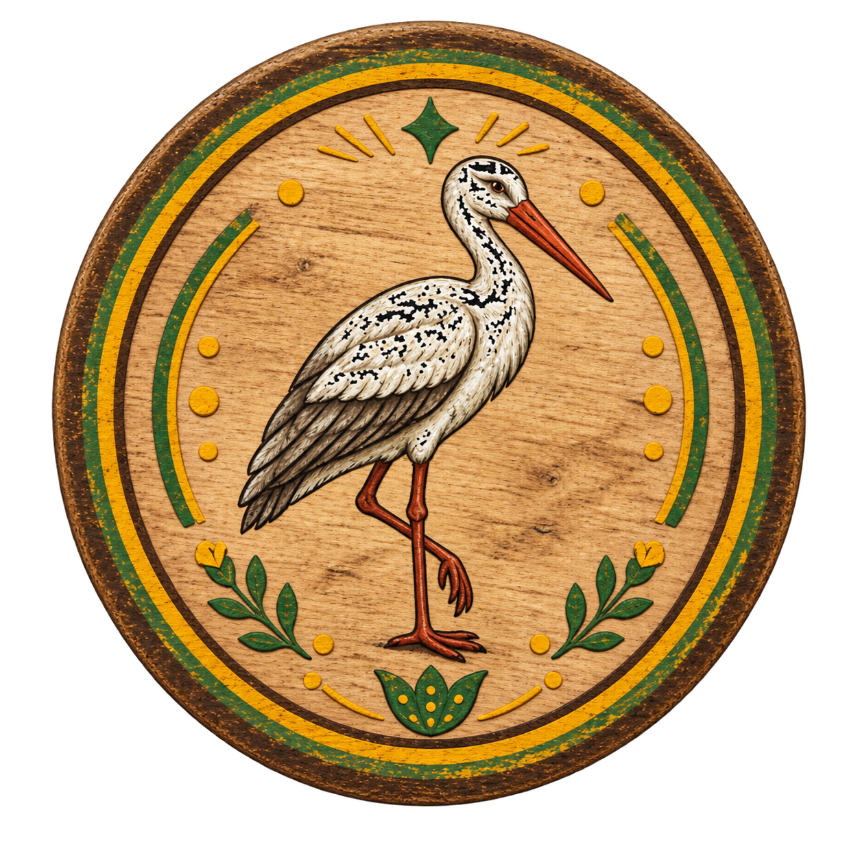 Houten badge met een Haagse ooievaar