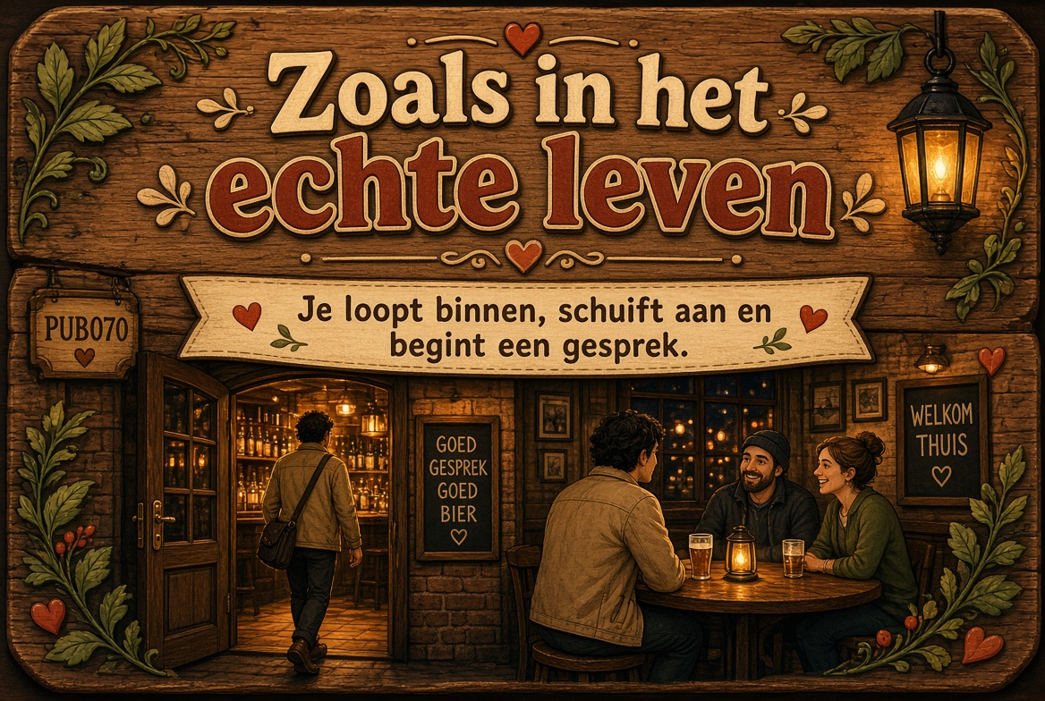 Zoals in het echte leven. Je loopt binnen, schuift aan en begint een gesprek.
